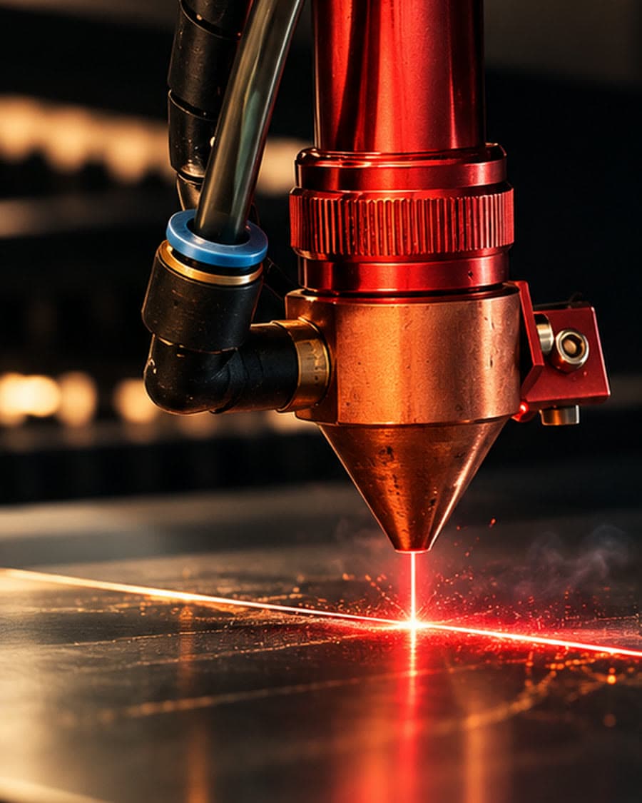 Cabeçote do laser com a mira sobre a chapa de MDF